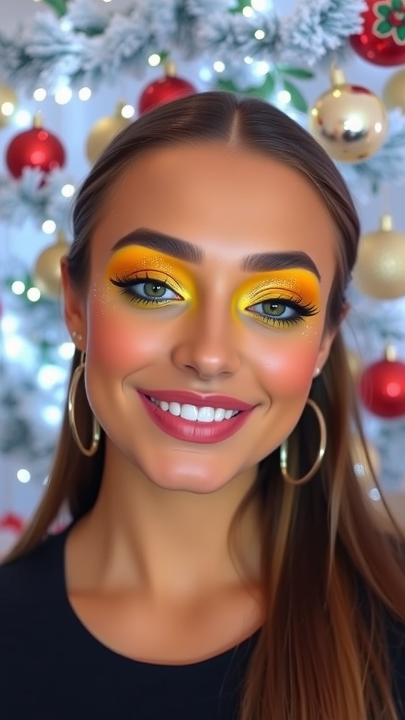 Bright yellow Christmas makeup look with gold shimmer, warm blush, and soft pink lipstick against holiday decorations.
